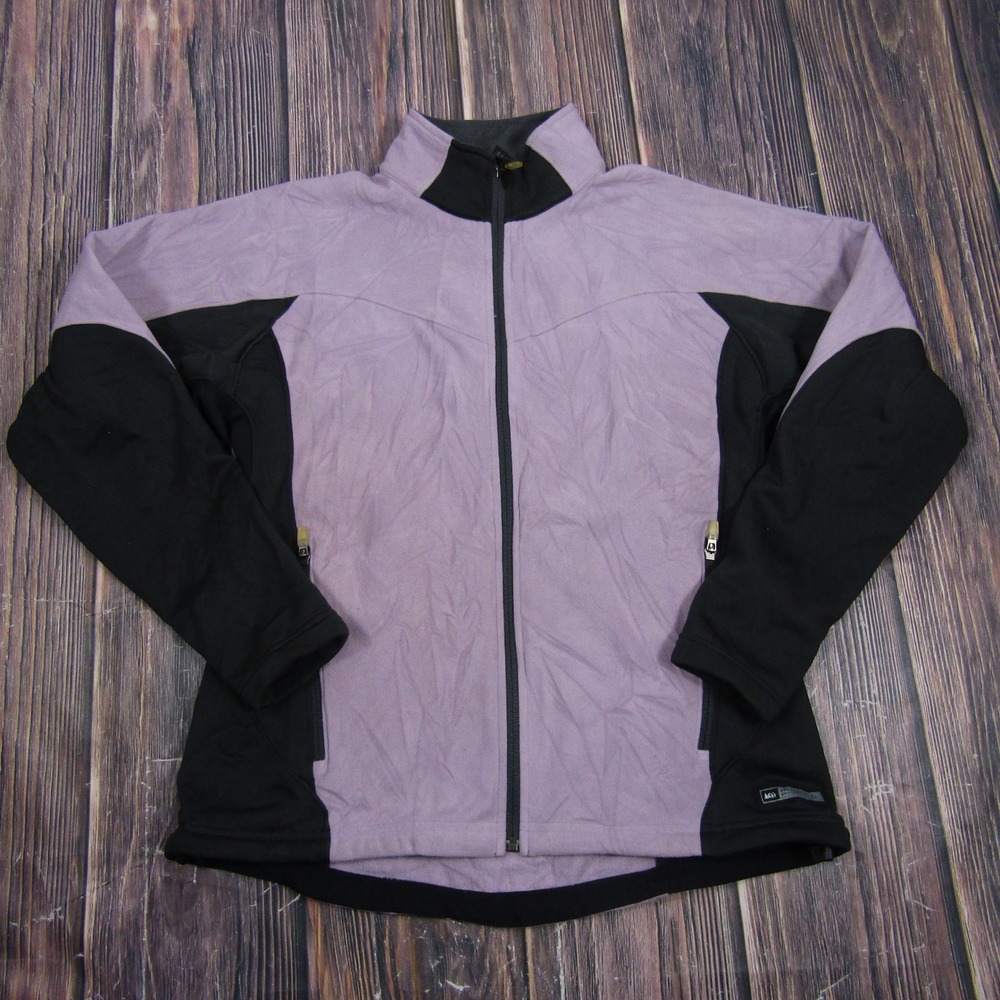 REI Fleece Full Zip Jacket Women Large Purple Black Colorblock Mock Neck Outdoor